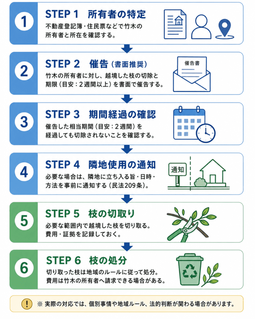 STEP １	所有者の特定不動産登記簿・住民票などで竹木の所有者と所在を確認する。STEP ２	催告（書面推奨）竹木の所有者に対し、越境した枝の切除と期限（目安：2週間以上）を書面で催告する。STEP ３	期間経過の確認催告した相当期間（目安：2週間）を経過しても切除されないことを確認する。STEP ４	隣地使用の通知必要な場合は、隣地に立ち入る旨・日時・方法を事前に通知する（民法209条）。STEP ５	枝の切取り必要な範囲内で越境した枝を切り取る。費用・証拠を記録しておく。STEP ６	枝の処分切り取った枝は地域のルールに従って処分。費用は竹木の所有者へ請求できる場合がある。