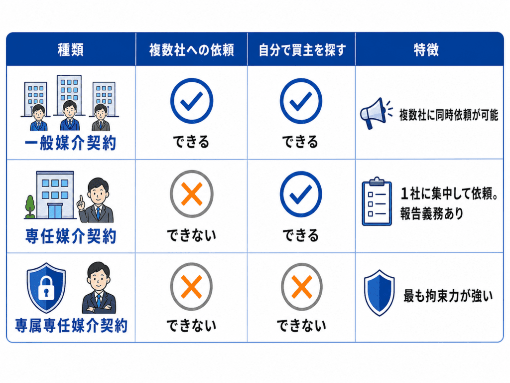 媒介契約の種類についての説明。一般媒介契約は、複数社と契約することができ、自分で買主を探す事ができる。専任媒介契約は、一社にしか依頼できない代わりに不動産会社に報告義務をつけることができる。専属専任媒介は専任媒介とは違い、自分では買主を探すことができないが、専属専任媒介よりも不動産会社に対しての拘束力が高い。