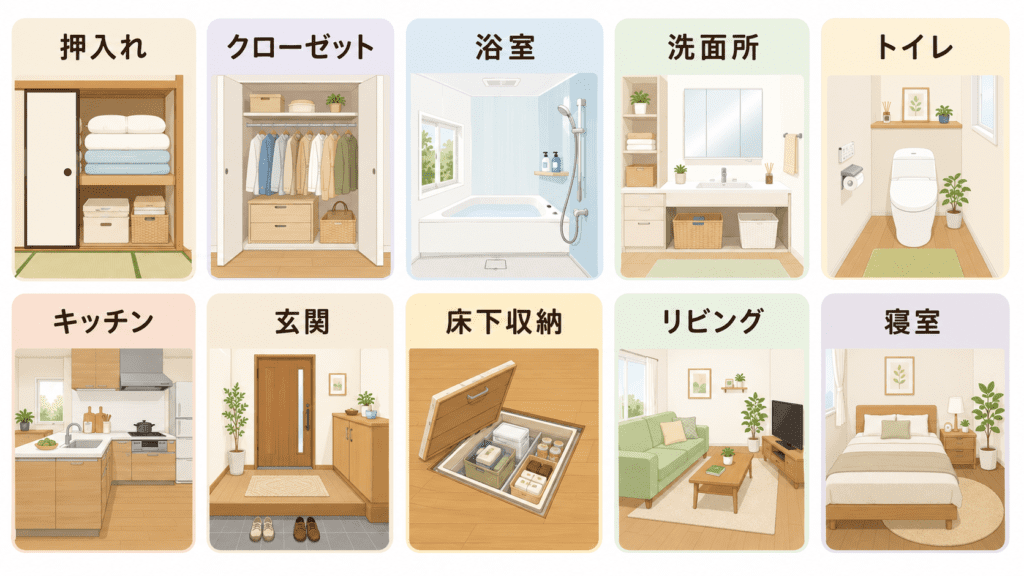 各部屋、押入れ、クローゼット、浴室、洗面所、トイレ、キッチン、玄関、床下収納