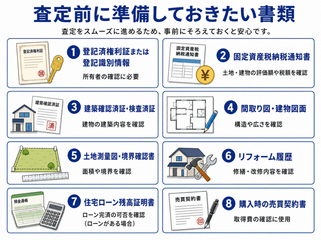 査定前に準備しておきたい書類登記済権利証または登記識別情報固定資産税納税通知書建築確認済証・検査済証間取り図・建物図面土地測量図・境界確認書リフォーム履歴住宅ローン残高証明書購入時の売買契約書