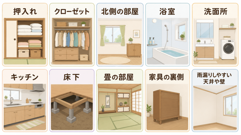 押入れクローゼット北側の部屋浴室洗面所キッチン床下畳の部屋家具の裏側雨漏りしやすい天井や壁