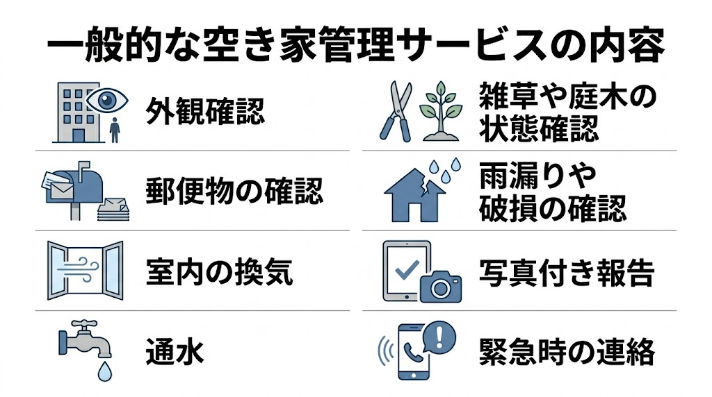 一般的な空き家管理サービスの内容外観確認郵便物の確認室内の換気通水雑草や庭木の状態確認雨漏りや破損の確認写真付き報告緊急時の連絡