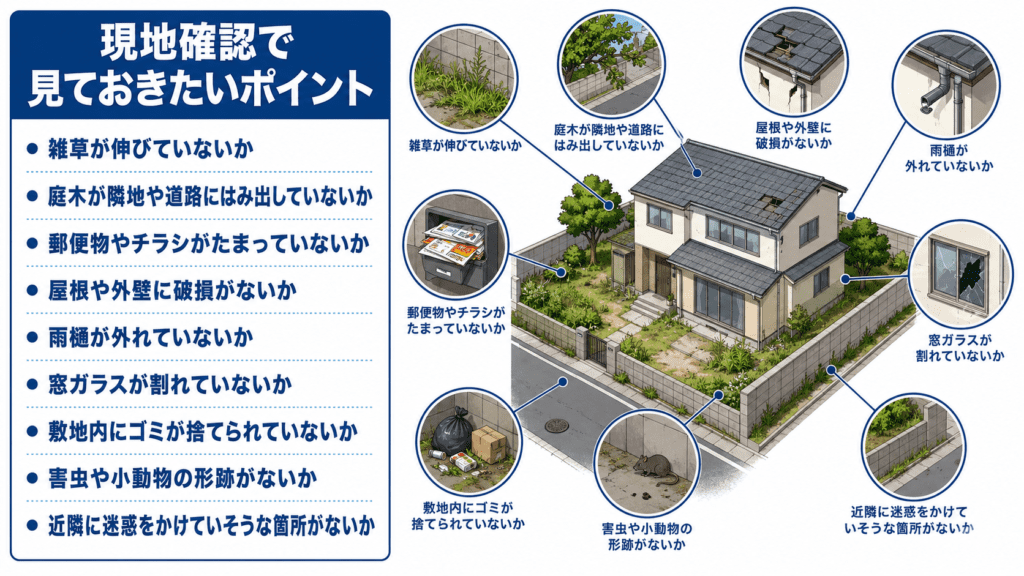 ・雑草が伸びていないか・庭木が隣地や道路にはみ出していないか・郵便物やチラシがたまっていないか・屋根や外壁に破損がないか・雨樋が外れていないか・窓ガラスが割れていないか・敷地内にゴミが捨てられていないか・害虫や小動物の形跡がないか・近隣に迷惑をかけていそうな箇所がないか