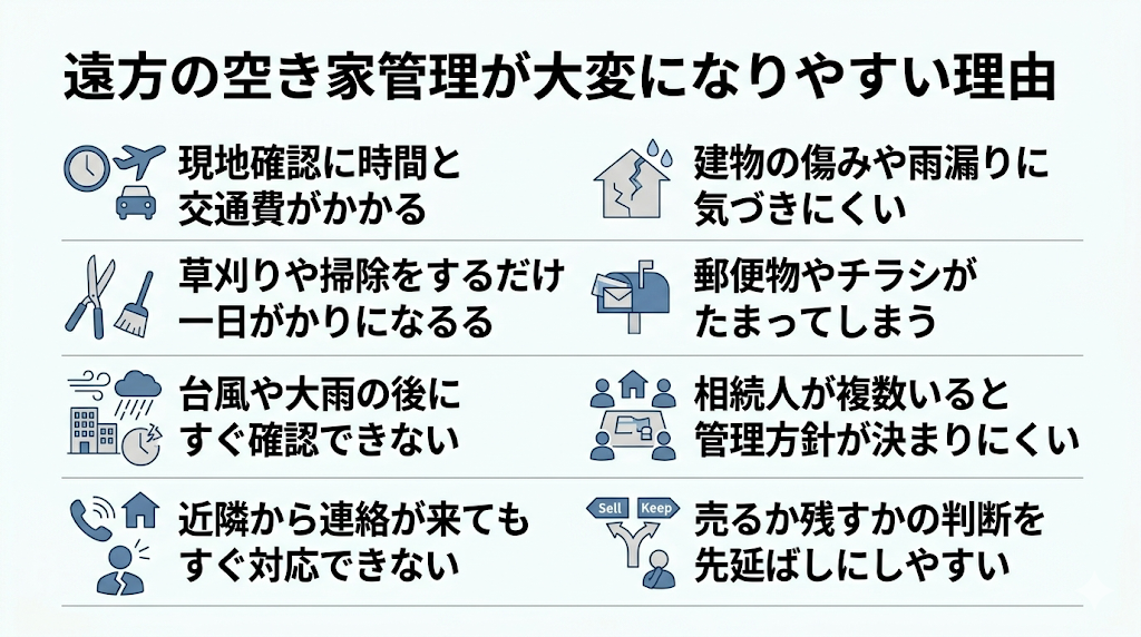 現地確認に時間と交通費がかかる草刈りや掃除をするだけでも一日がかりになる台風や大雨の後にすぐ確認できない近隣から連絡が来てもすぐ対応できない建物の傷みや雨漏りに気づきにくい郵便物やチラシがたまってしまう相続人が複数いると管理方針が決まりにくい売るか残すかの判断を先延ばしにしやすい