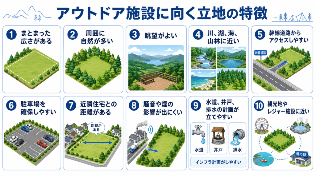 ・まとまった広さがある・周囲に自然が多い・眺望がよい・川、湖、海、山林に近い・幹線道路からアクセスしやすい・駐車場を確保しやすい・近隣住宅との距離がある・騒音や煙の影響が出にくい・水道、井戸、排水の計画が立てやすい・観光地やレジャー施設に近い