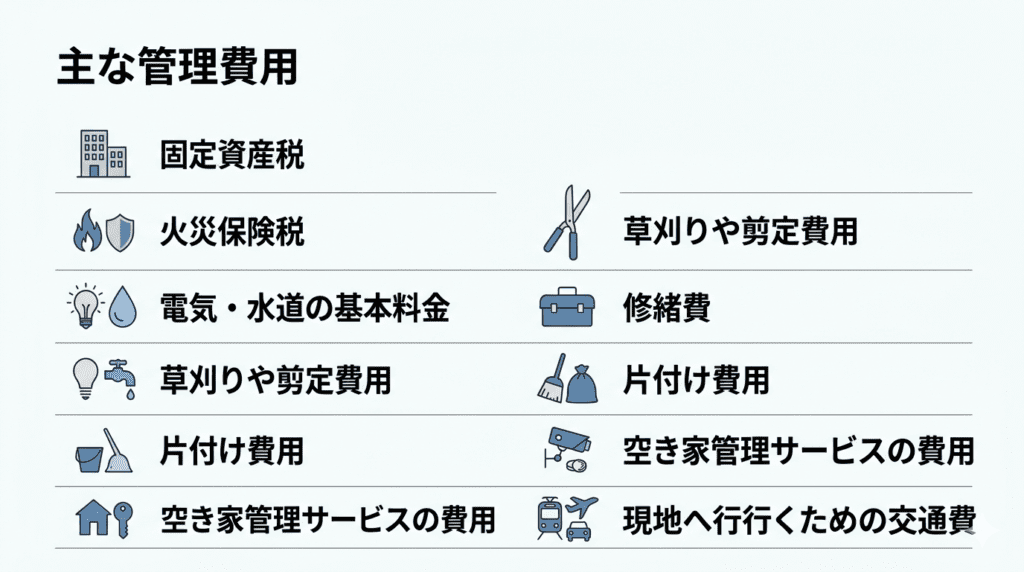 固定資産税都市計画税火災保険料電気・水道の基本料金草刈りや剪定費用修繕費片付け費用空き家管理サービスの費用現地へ行くための交通費