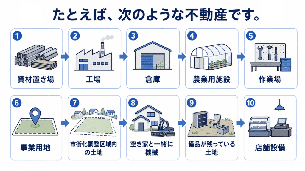資材置き場、工場、倉庫、農業用施設、作業場、事業用地、市街化調整区域内の土地、空き家と一緒に機械、備品が残っている土地、店舗設備