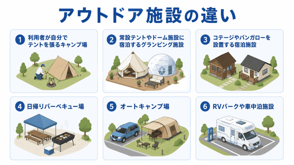 アウトドア施設の違い、利用者が自分でテントを張るキャンプ場、常設テントやドーム施設に宿泊するグランピング施設、コテージやバンガローを設置する宿泊施設、日帰りバーベキュー場、オートキャンプ場、RVパークや車中泊施設