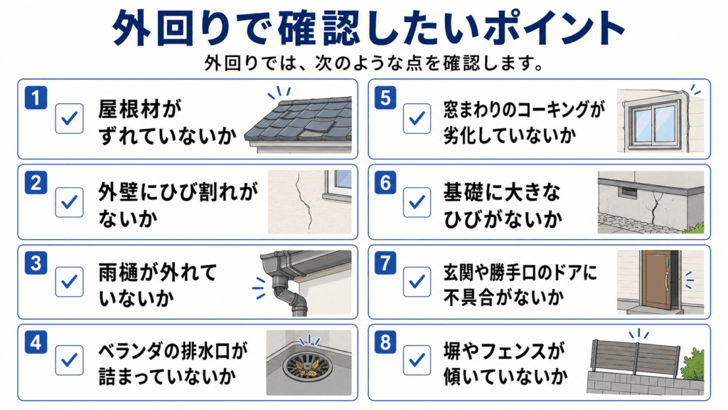屋根材がずれていないか外壁にひび割れがないか雨樋が外れていないかベランダの排水口が詰まっていないか窓まわりのコーキングが劣化していないか基礎に大きなひびがないか玄関や勝手口のドアに不具合がないか塀やフェンスが傾いていないか