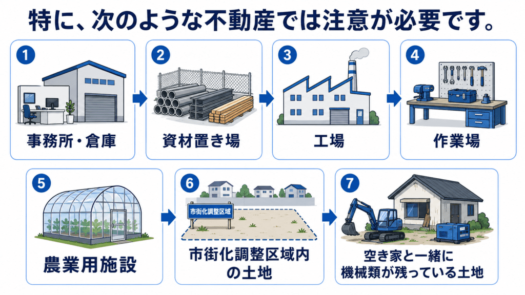 ・事務所・倉庫・資材置き場・工場・作業場・農業用施設・市街化調整区域内の土地・空き家と一緒に機械類が残っている土地