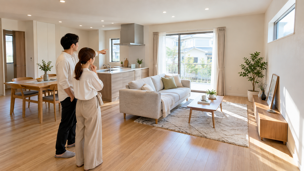 家具があることを想像しながらリビングを見る夫婦